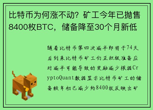 比特币为何涨不动？矿工今年已抛售8400枚BTC，储备降至30个月新低